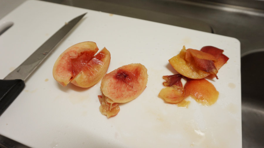 写真：桃の実の味見